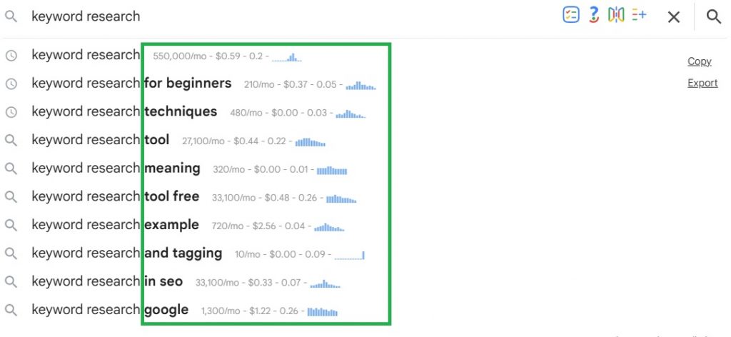 Keywords Everywhere Autosuggest Keyword Metrics Overlay