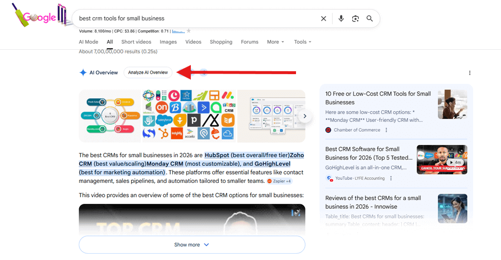 AI Overview analysis on a Google search