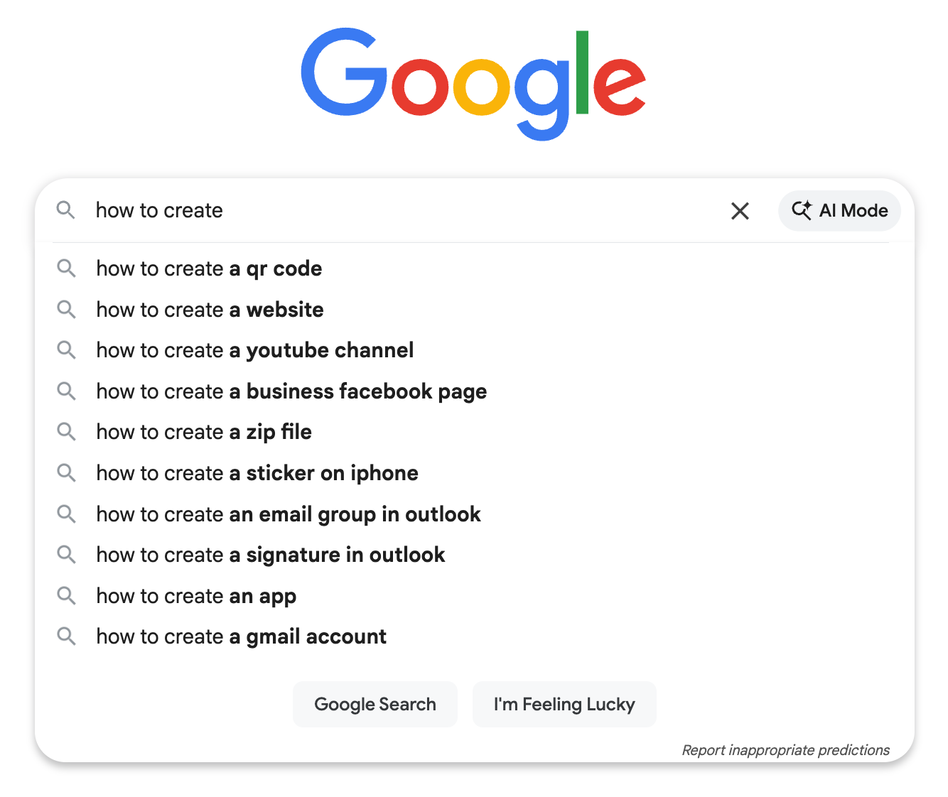 Google search "how to create" autocomplete predicting long-tail queries like "how to create a qr code" and "how to create a website"