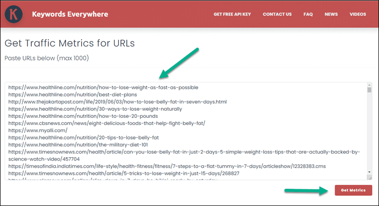 Pasting URLs into the bulk traffic metrics page