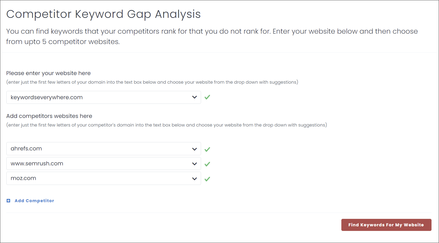 Choosing your site and competitors for the keyword gap analysis