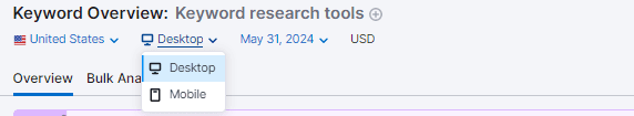 Multi-platform keyword research on Semrush 