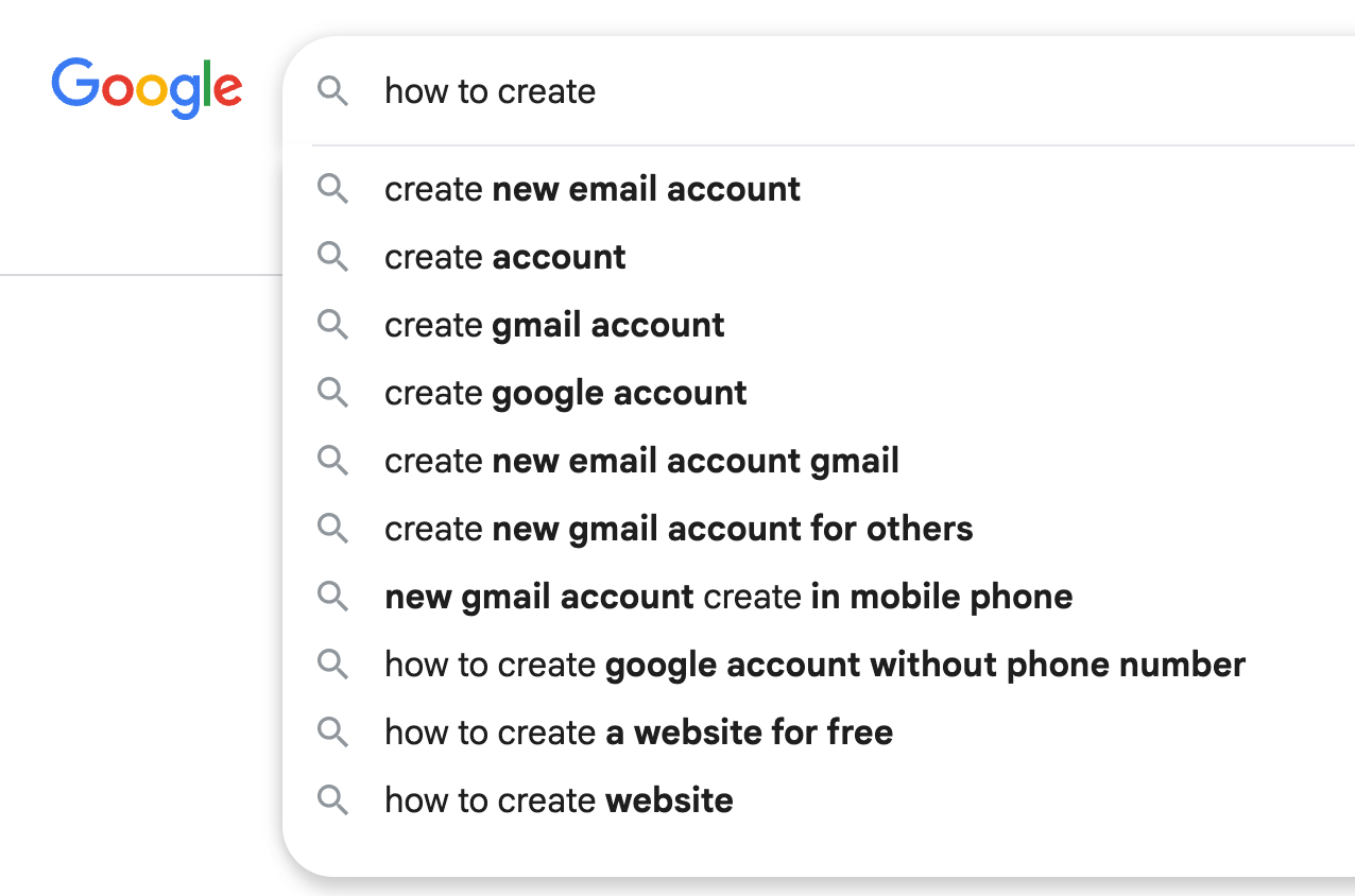 Google search box with autocomplete revealing related long-tail keywords