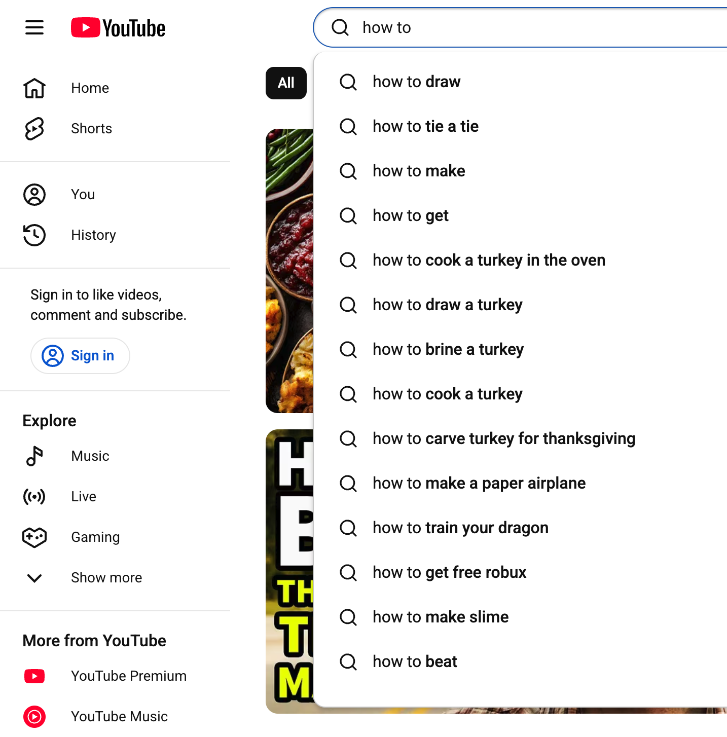 YouTube keyword results
