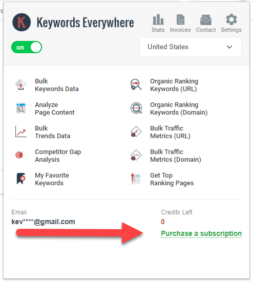 The purchase subscription link inside the Keywords Everywhere popup