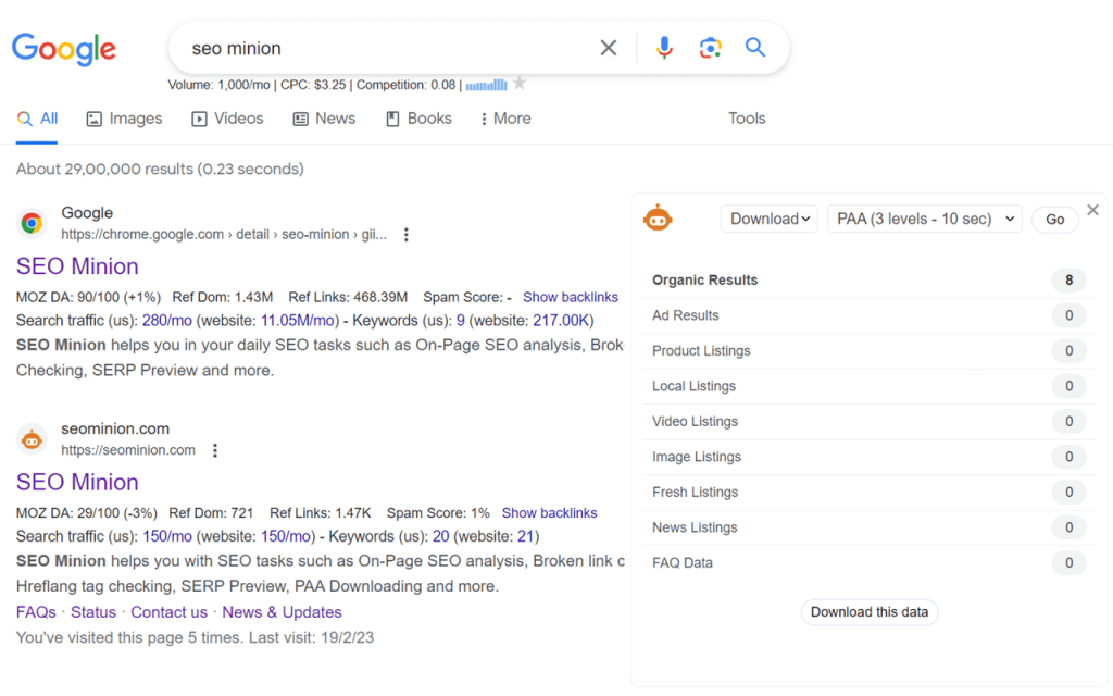 SEO Minion in action