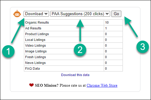 The SEO Minion SERP widget set to download PAA suggestions