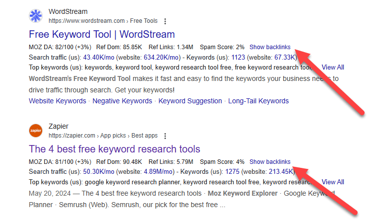 The Show Backlinks link under a Google result