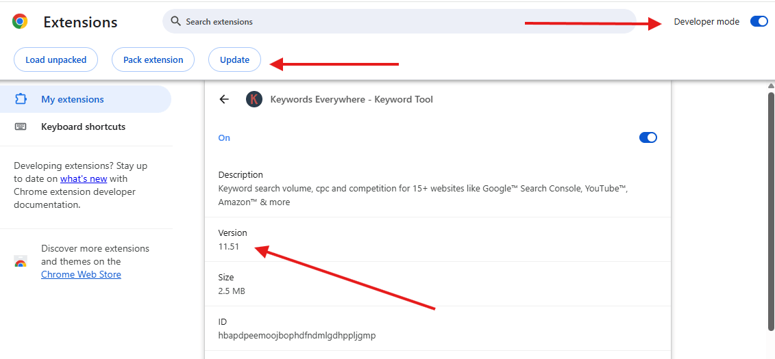 Developer mode toggle and Update button on the Chrome Extensions page
