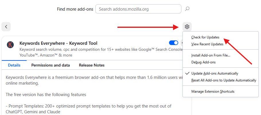 The gear menu in the Firefox Add-ons Manager with Check for Updates